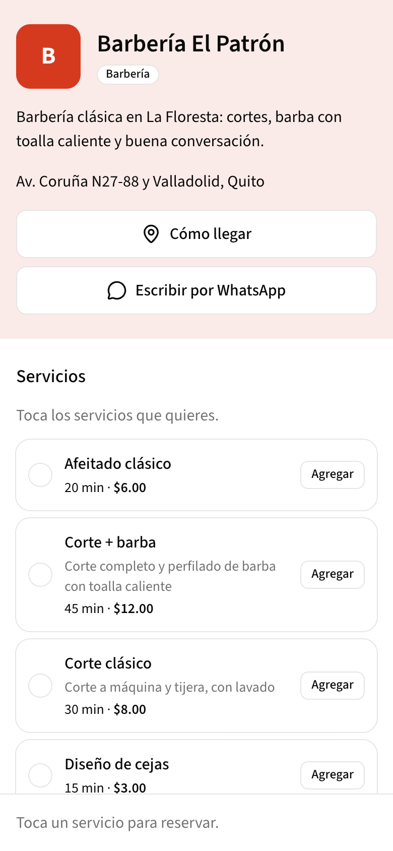 La Página de reservas de Barbería El Patrón en un celular: nombre, contacto y servicios con el botón Agregar en cada uno.